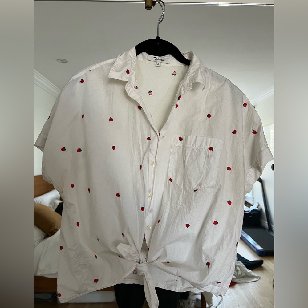 Madewell button up shirt with tie front, strawberry detailing